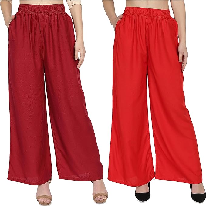 (⭐Pack of 2⭐)100% Pure & Soft Viscos Rayon Palazzo Trousers for Women Relaxed Bottom Adult Pajama Pants Viscose Palazzo Pants Regular Fit Flared Palazoo Pants Daily Use Stylish Plain Plazoo Trendz Cotton Viscose Loose Fit Flared Wide Leg Palazzo Plazo