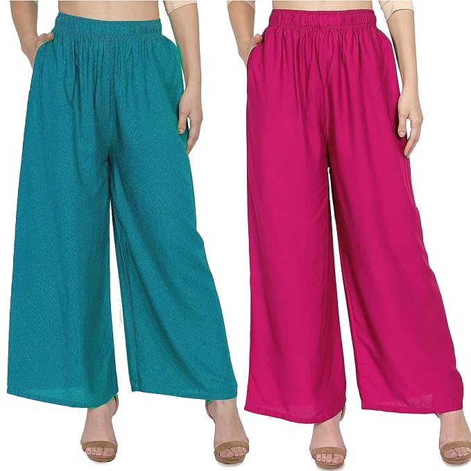 (⭐Pack of 2⭐)100% Pure & Soft Viscos Rayon Palazzo Trousers for Women Relaxed Bottom Adult Pajama Pants Viscose Palazzo Pants Regular Fit Flared Palazoo Pants Daily Use Stylish Plain Plazoo Trendz Cotton Viscose Loose Fit Flared Wide Leg Palazzo Plazo