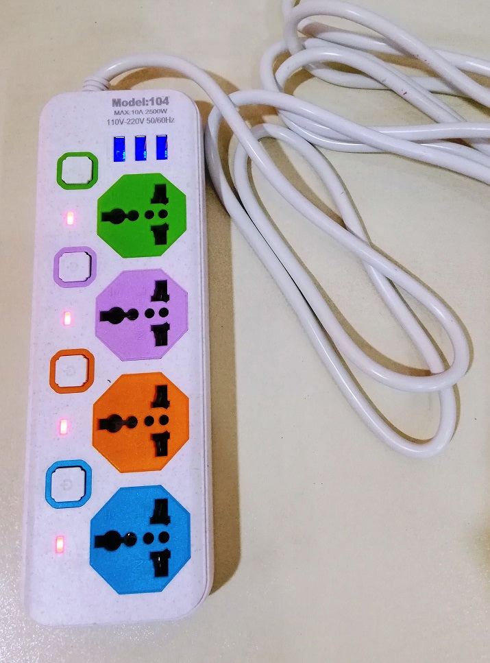 4 way power Strip / Extension Lead board with 3 USB Ports and 4 Sockets with Long Wire