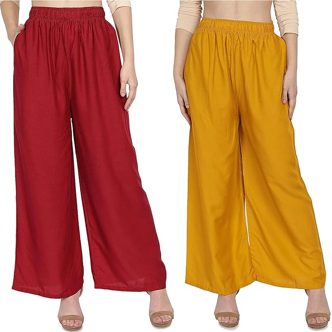 (⭐Pack of 2⭐)100% Pure & Soft Viscos Rayon Palazzo Trousers for Women Relaxed Bottom Adult Pajama Pants Viscose Palazzo Pants Regular Fit Flared Palazoo Pants Daily Use Stylish Plain Plazoo Trendz Cotton Viscose Loose Fit Flared Wide Leg Palazzo Plazo