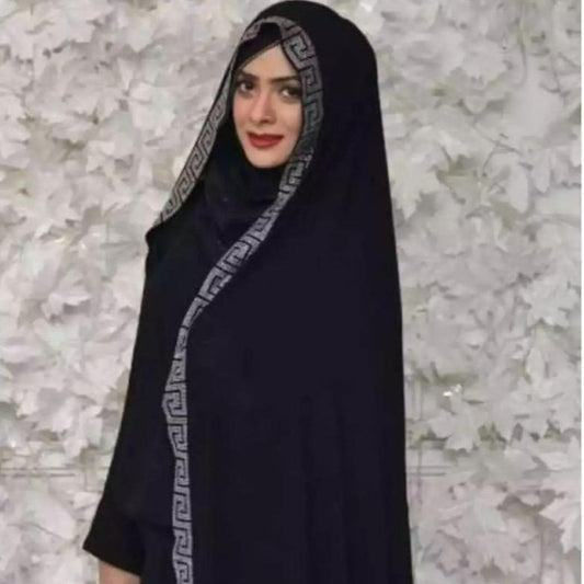 Black Irani Chadar With Border Stone Work Golden-Silver Full Length and Width High Chiffon