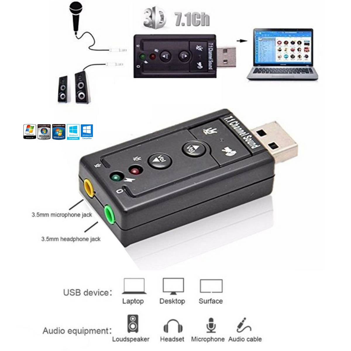 External USB 2.0 Virtual 7.1 Channel Audio Splitter Sound Card Adapter for PC/Laptop