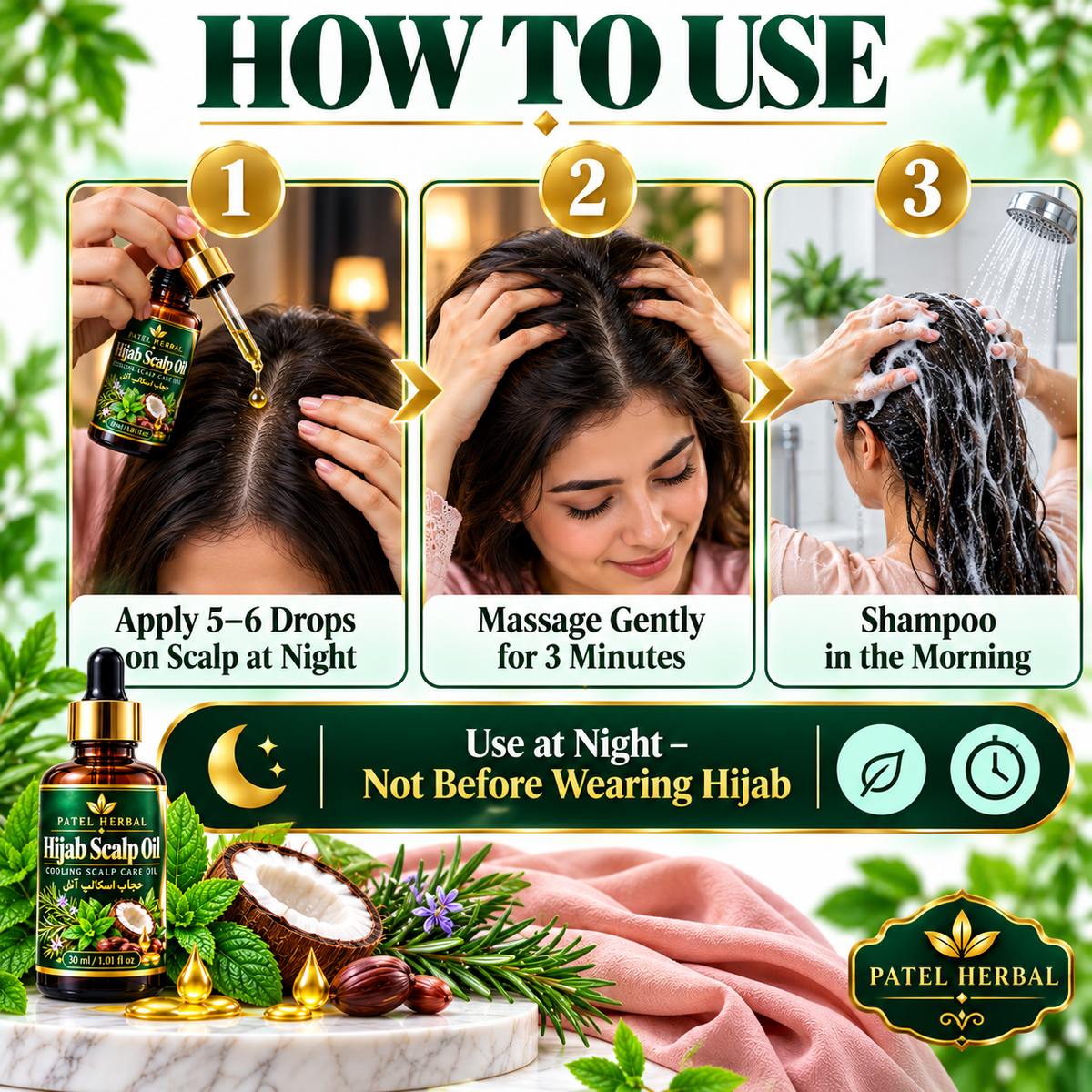 Patel Herbal Hijab Scalp Oil – Premium Herbal Oil for Cooling Scalp Comfort, Freshness Under Hijab & Soft Hair | 30ml