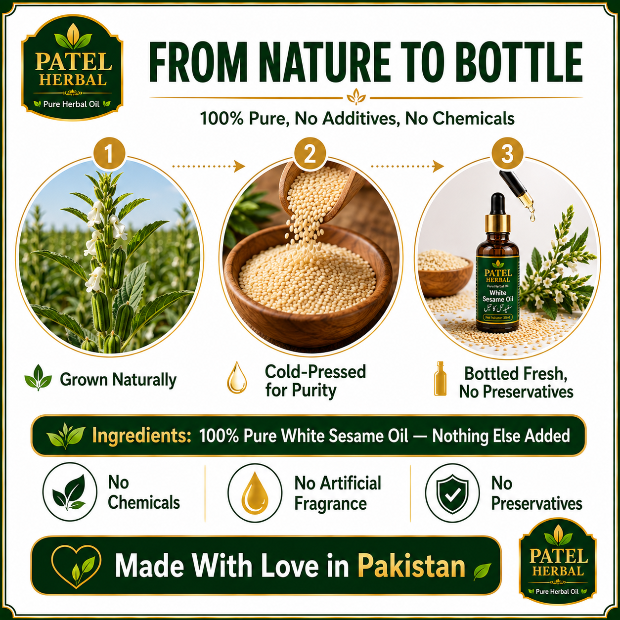 White Sesame Oil – 100% Pure Cold-Pressed Herbal Oil for Hair, Skin & Massage | 30ml