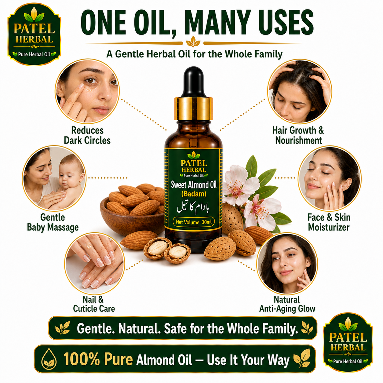 Sweet Almond Oil (Badam Oil) – 100% Pure Herbal Oil for Skin, Hair & Under-Eye Care | 30ml
