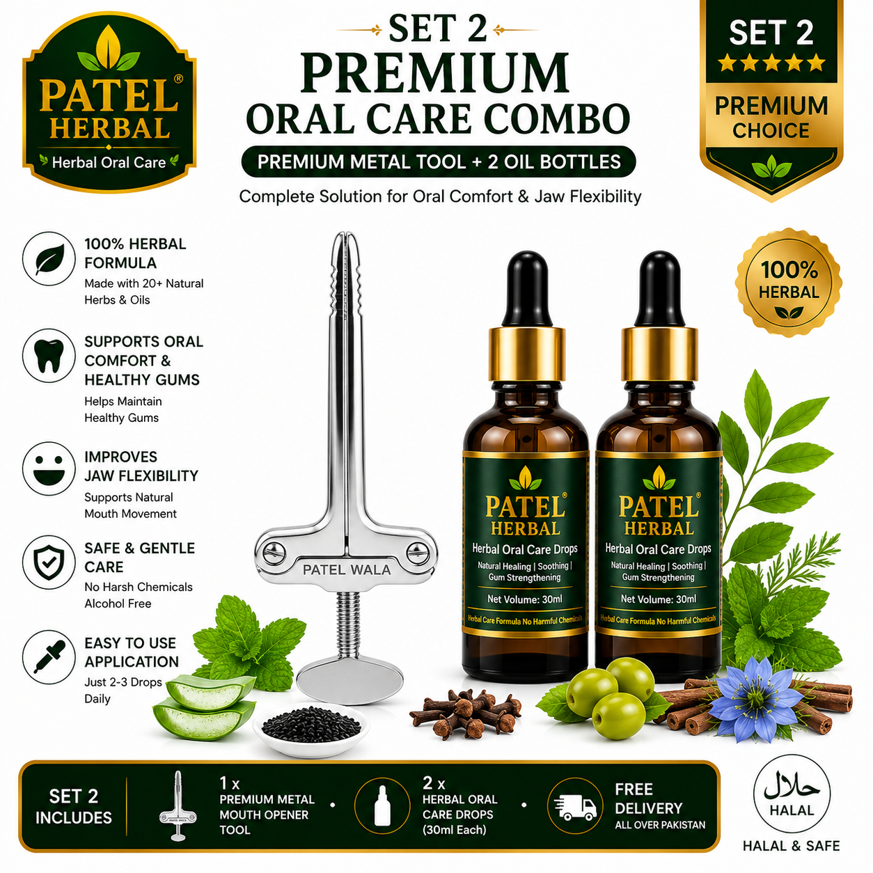 Premium Metal Mouth Opener Tool with 2 Herbal Oral Care Oils | Jaw Exercise Kit (Set 2)