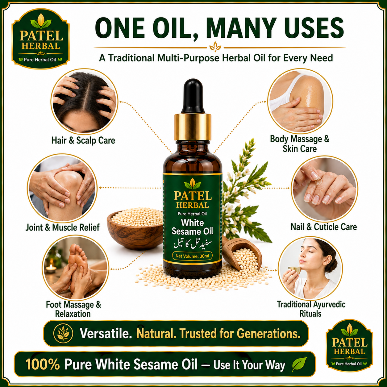 White Sesame Oil – 100% Pure Cold-Pressed Herbal Oil for Hair, Skin & Massage | 30ml