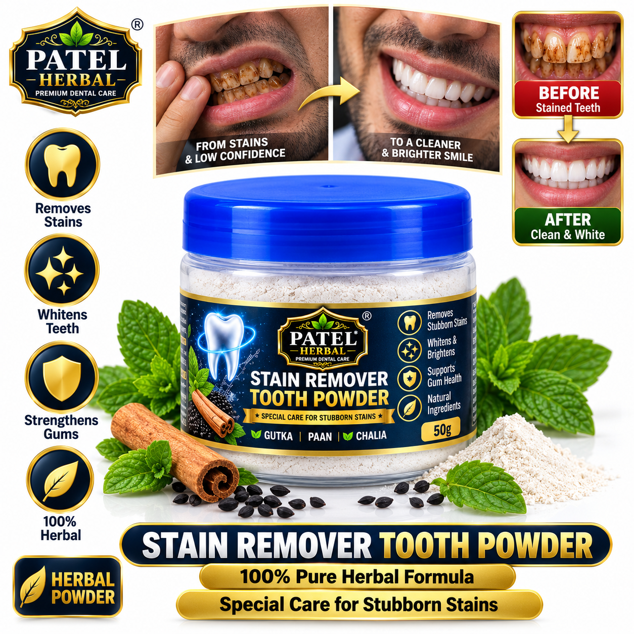 Patel Herbal Stain Remover Tooth Powder — Refill (50g)