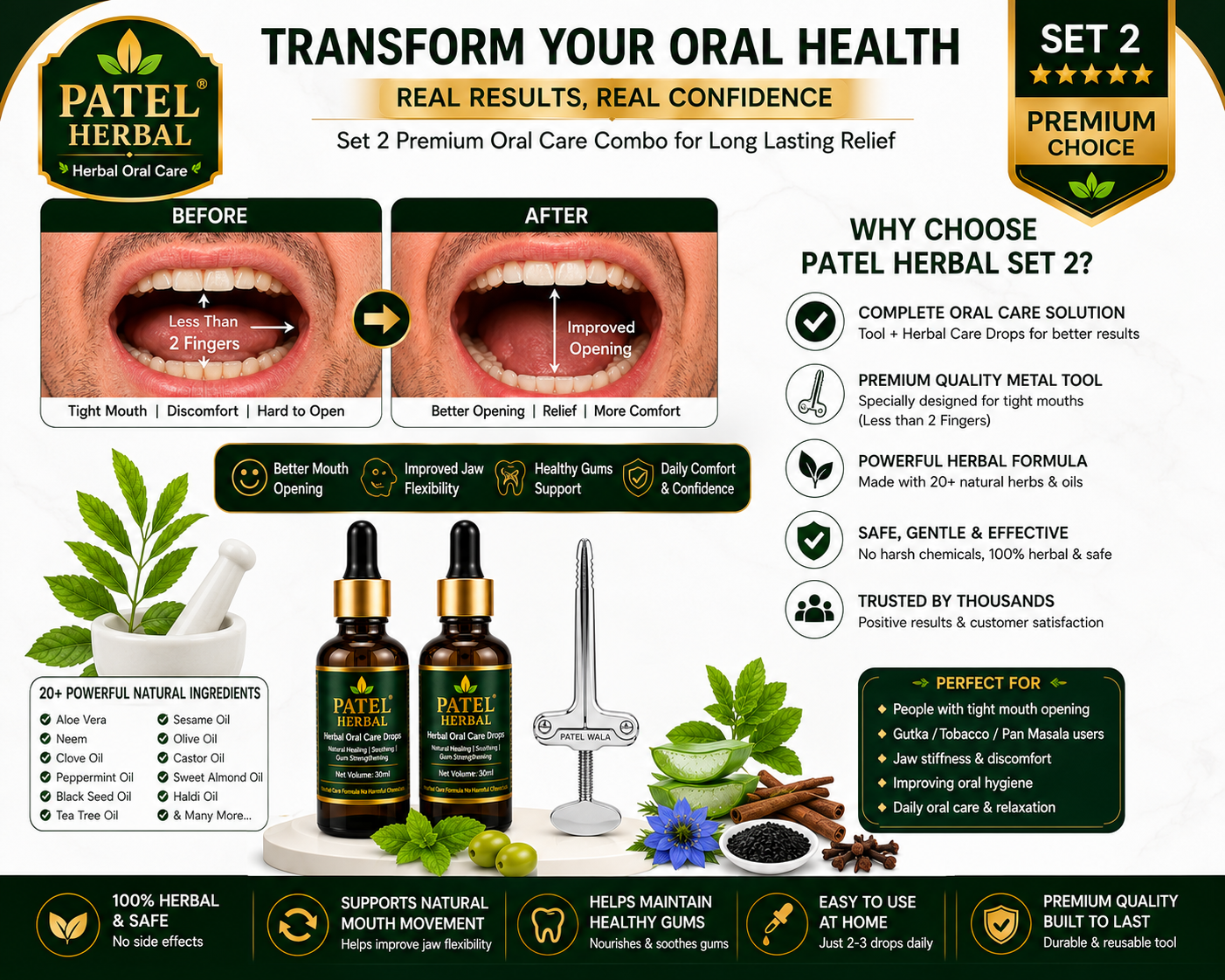 Premium Metal Mouth Opener Tool with 2 Herbal Oral Care Oils | Jaw Exercise Kit (Set 2)