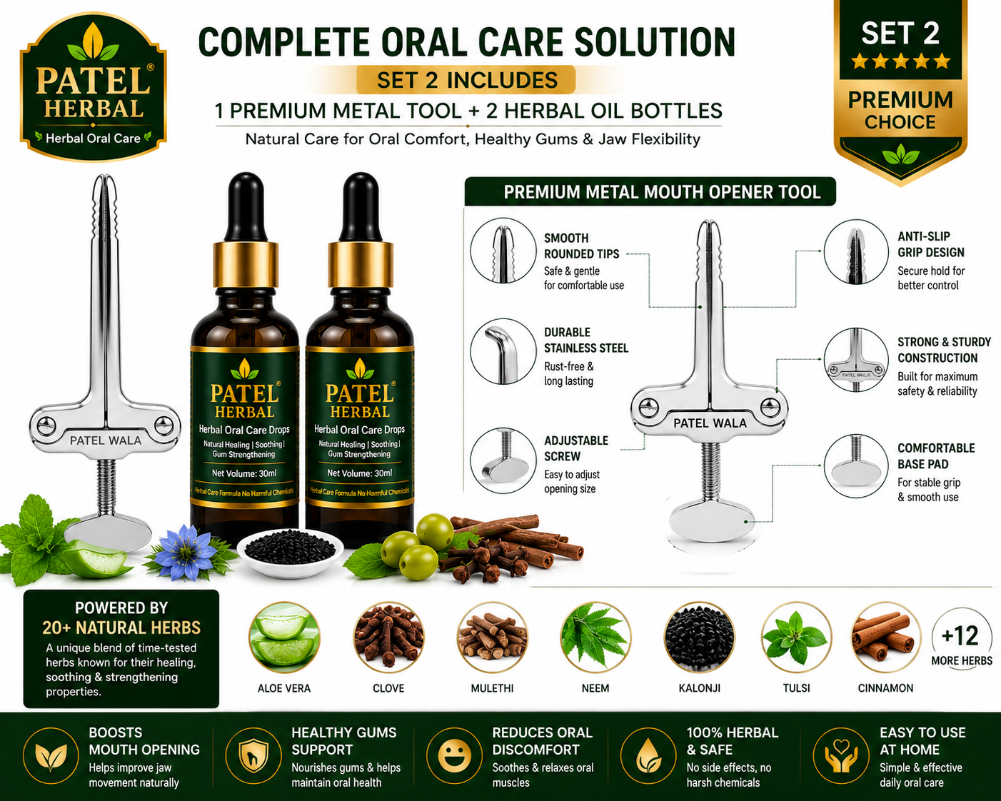 Premium Metal Mouth Opener Tool with 2 Herbal Oral Care Oils | Jaw Exercise Kit (Set 2)