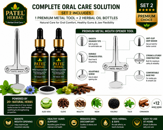 Premium Metal Mouth Opener Tool with 2 Herbal Oral Care Oils | Jaw Exercise Kit (Set 2)