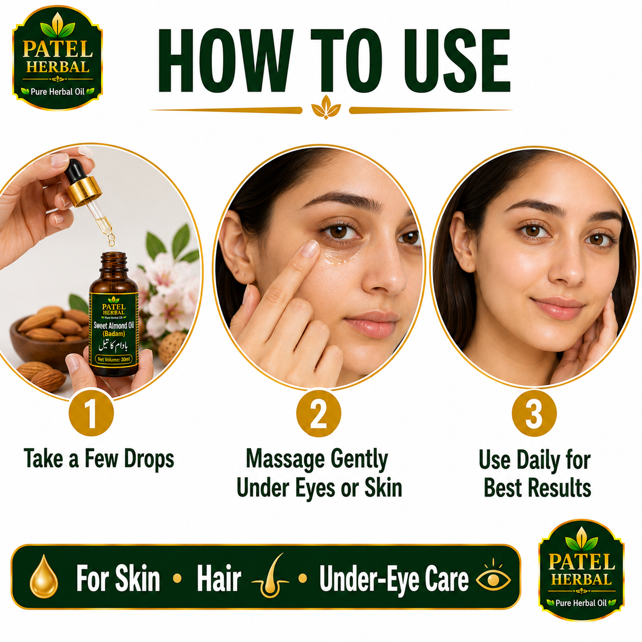 Sweet Almond Oil (Badam Oil) – 100% Pure Herbal Oil for Skin, Hair & Under-Eye Care | 30ml