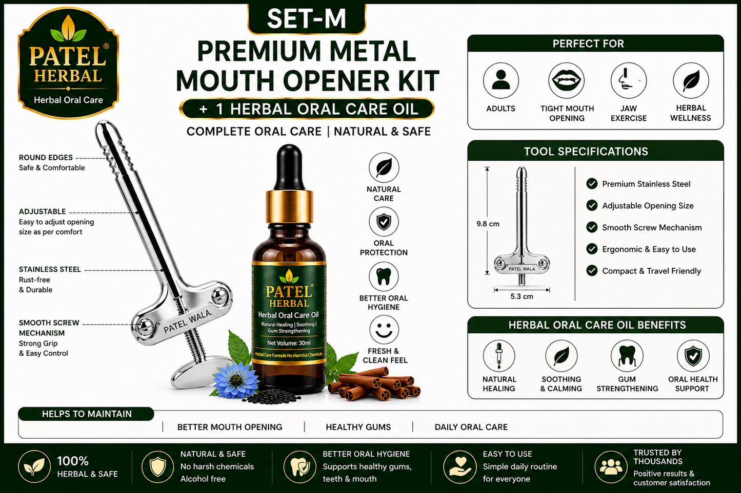 Metal Mouth Opener Tool + Herbal Oral Care Oil Combo | Jaw Exercise Kit (Set-M)