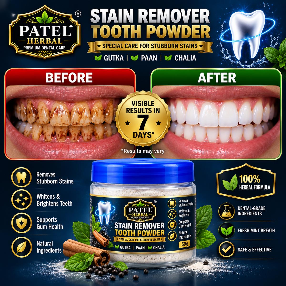 Patel Herbal Stain Remover Tooth Powder — Refill (50g)