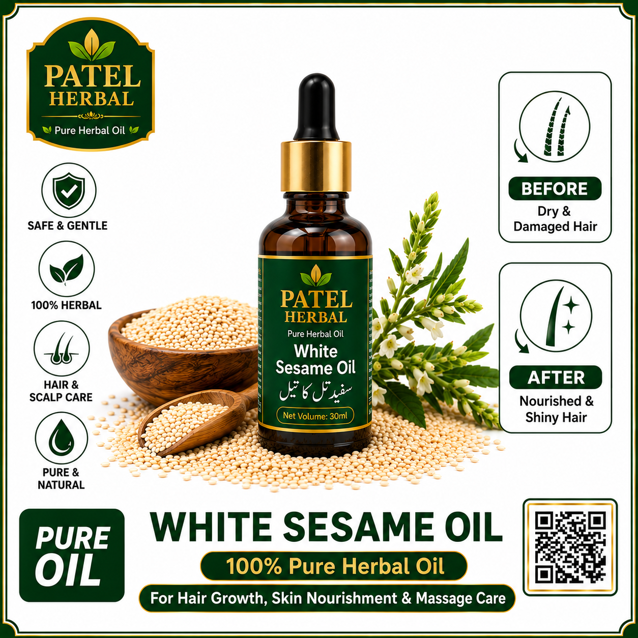 White Sesame Oil – 100% Pure Cold-Pressed Herbal Oil for Hair, Skin & Massage | 30ml