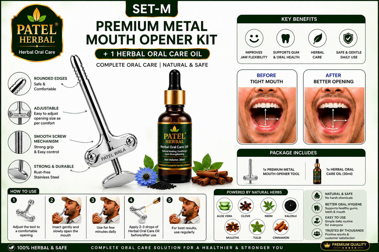 Metal Mouth Opener Tool + Herbal Oral Care Oil Combo | Jaw Exercise Kit (Set-M)