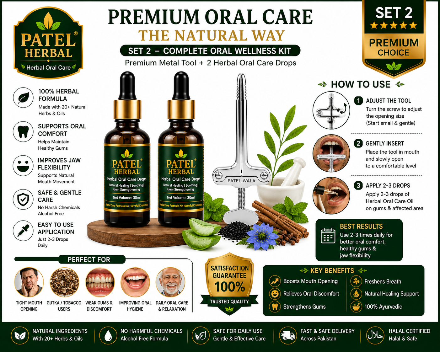 Premium Metal Mouth Opener Tool with 2 Herbal Oral Care Oils | Jaw Exercise Kit (Set 2)