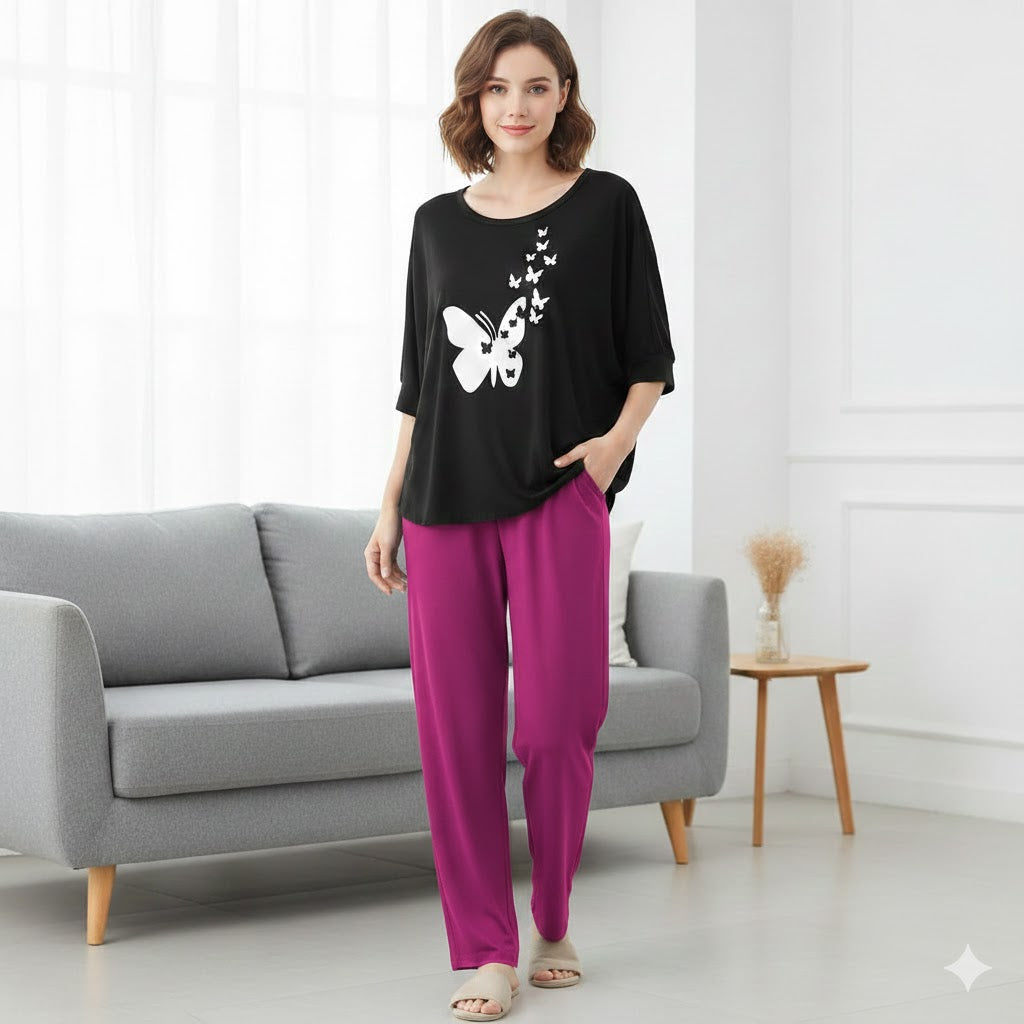 (Butterfly) New Rayon Viscose Jersey 2 Pieces V-Neck Designed Night Suit Pajama Shirt Palazzo Sleeping Suit Loungewear Daily Use