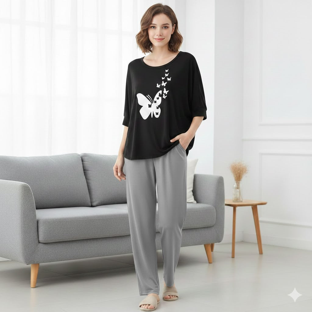 (Butterfly) New Rayon Viscose Jersey 2 Pieces V-Neck Designed Night Suit Pajama Shirt Palazzo Sleeping Suit Loungewear Daily Use