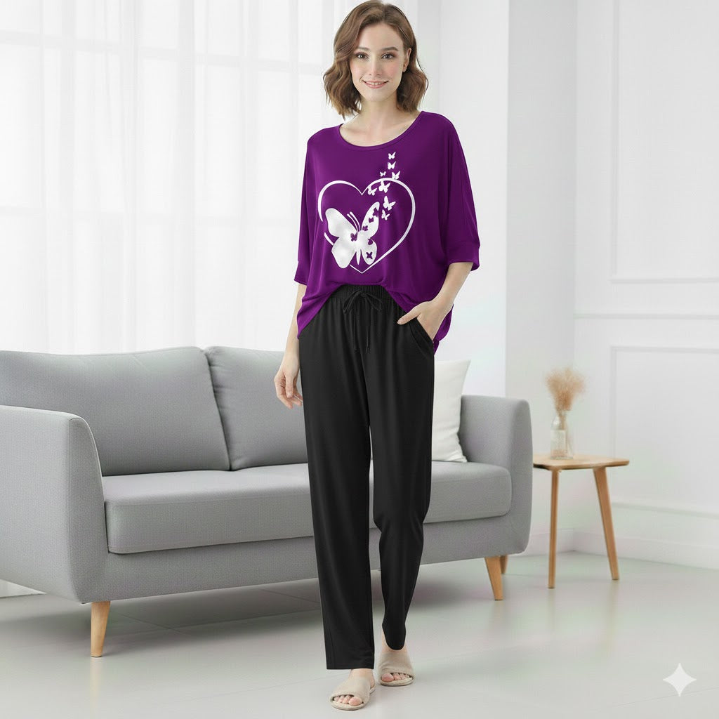 (Butterfly) New Rayon Viscose Jersey 2 Pieces V-Neck Designed Night Suit Pajama Shirt Palazzo Sleeping Suit Loungewear Daily Use