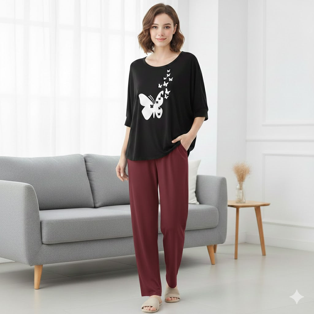 (Butterfly) New Rayon Viscose Jersey 2 Pieces V-Neck Designed Night Suit Pajama Shirt Palazzo Sleeping Suit Loungewear Daily Use