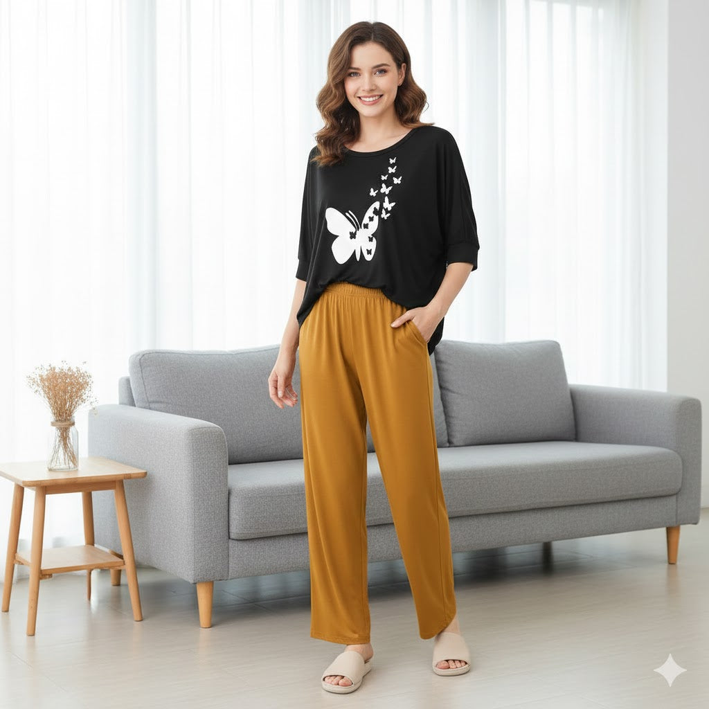 (Butterfly) New Rayon Viscose Jersey 2 Pieces V-Neck Designed Night Suit Pajama Shirt Palazzo Sleeping Suit Loungewear Daily Use