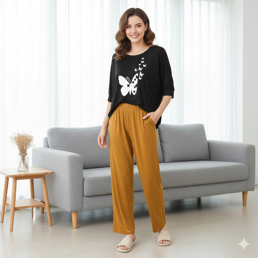 (Butterfly) New Rayon Viscose Jersey 2 Pieces V-Neck Designed Night Suit Pajama Shirt Palazzo Sleeping Suit Loungewear Daily Use