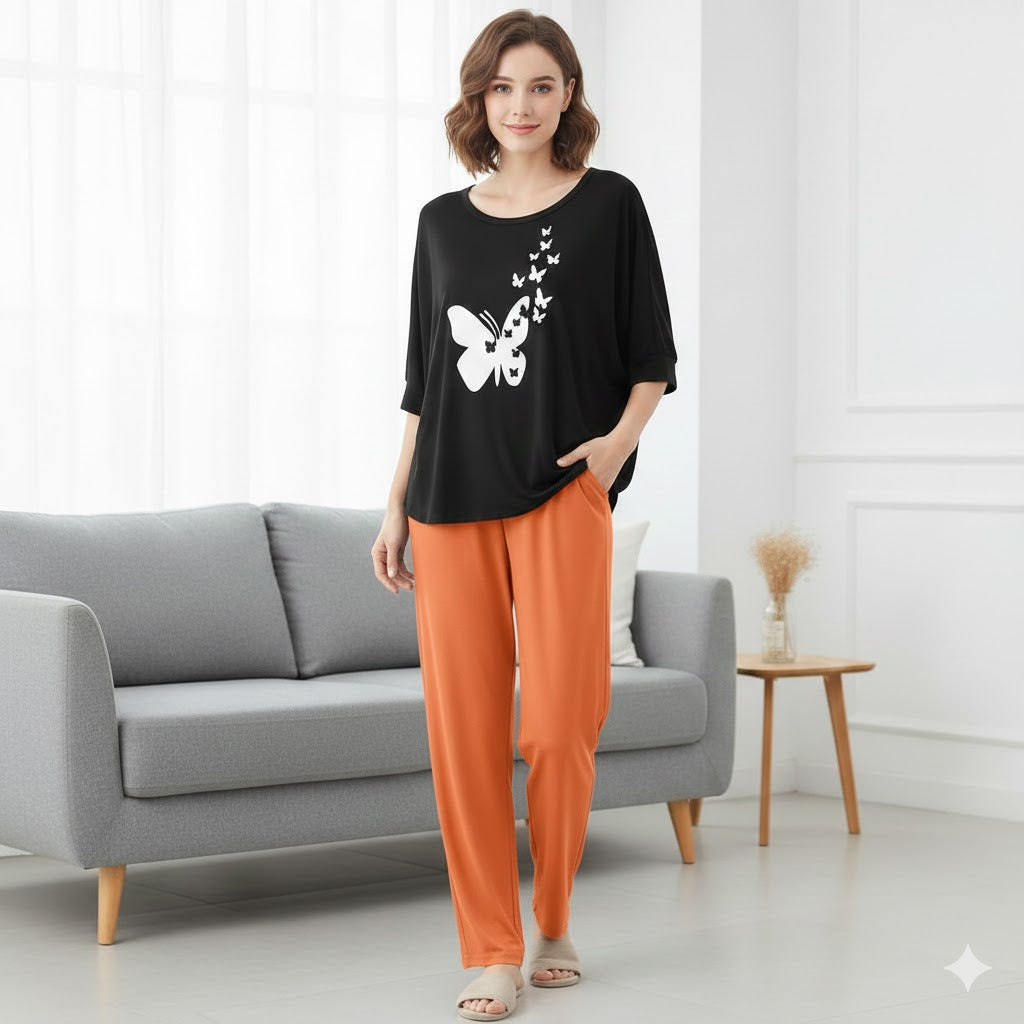 (Butterfly) New Rayon Viscose Jersey 2 Pieces V-Neck Designed Night Suit Pajama Shirt Palazzo Sleeping Suit Loungewear Daily Use