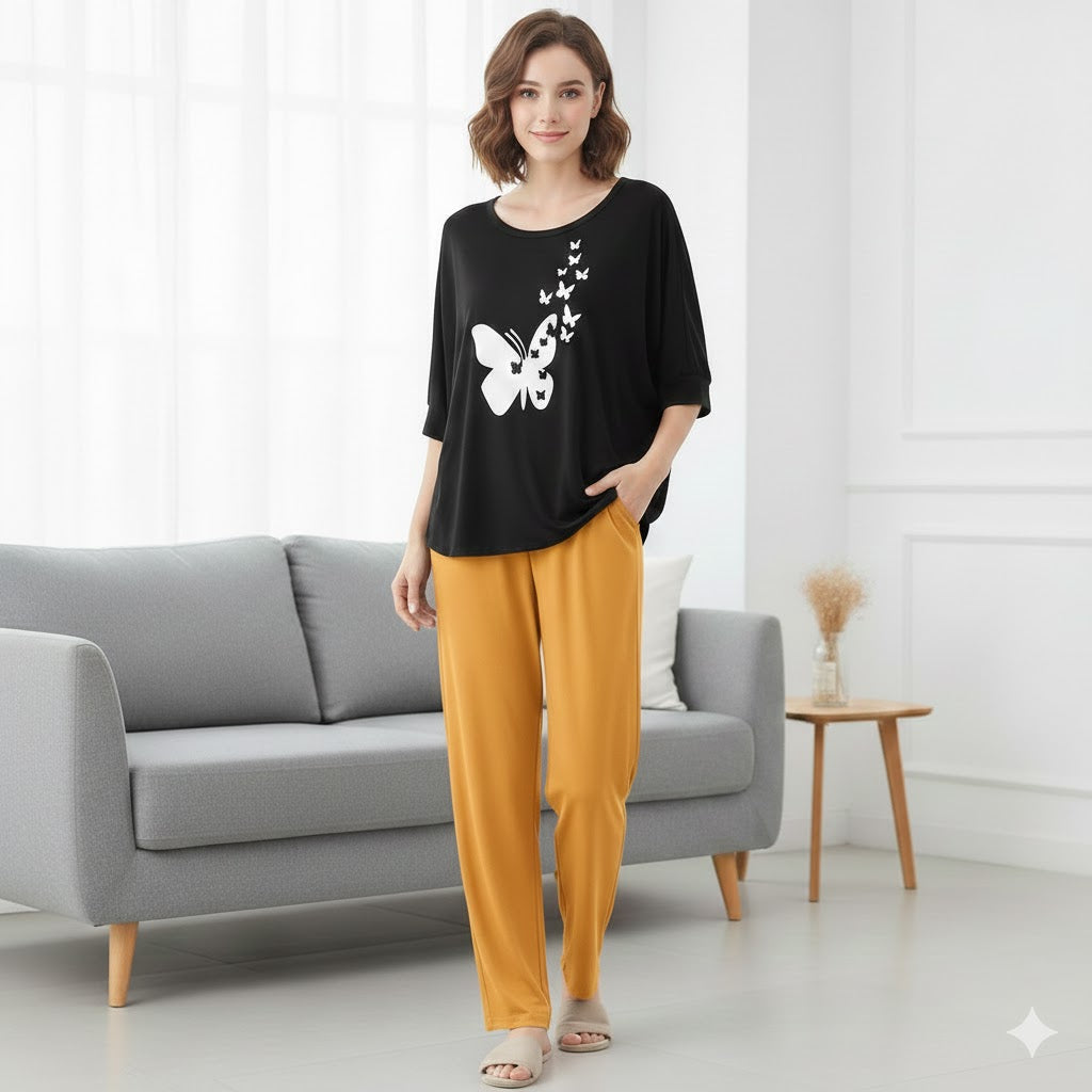 (Butterfly) New Rayon Viscose Jersey 2 Pieces V-Neck Designed Night Suit Pajama Shirt Palazzo Sleeping Suit Loungewear Daily Use