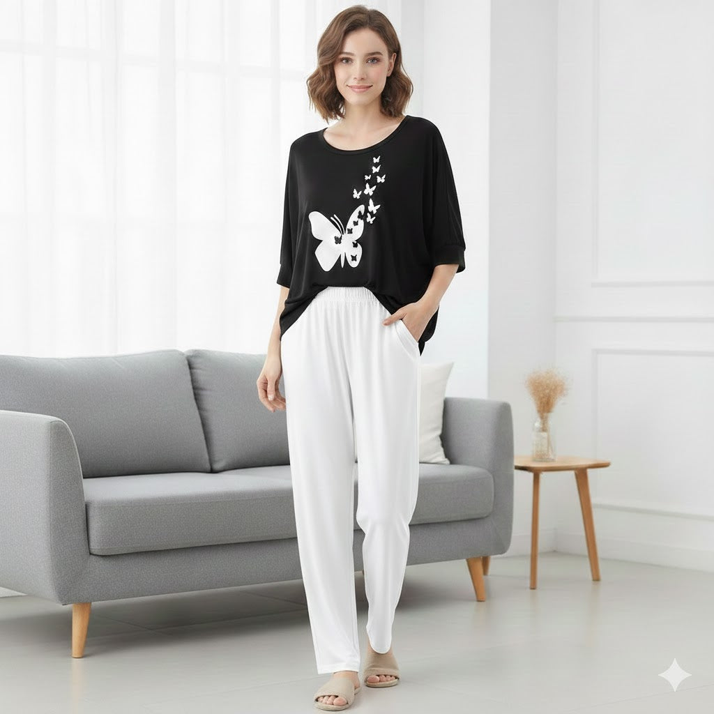 (Butterfly) New Rayon Viscose Jersey 2 Pieces V-Neck Designed Night Suit Pajama Shirt Palazzo Sleeping Suit Loungewear Daily Use