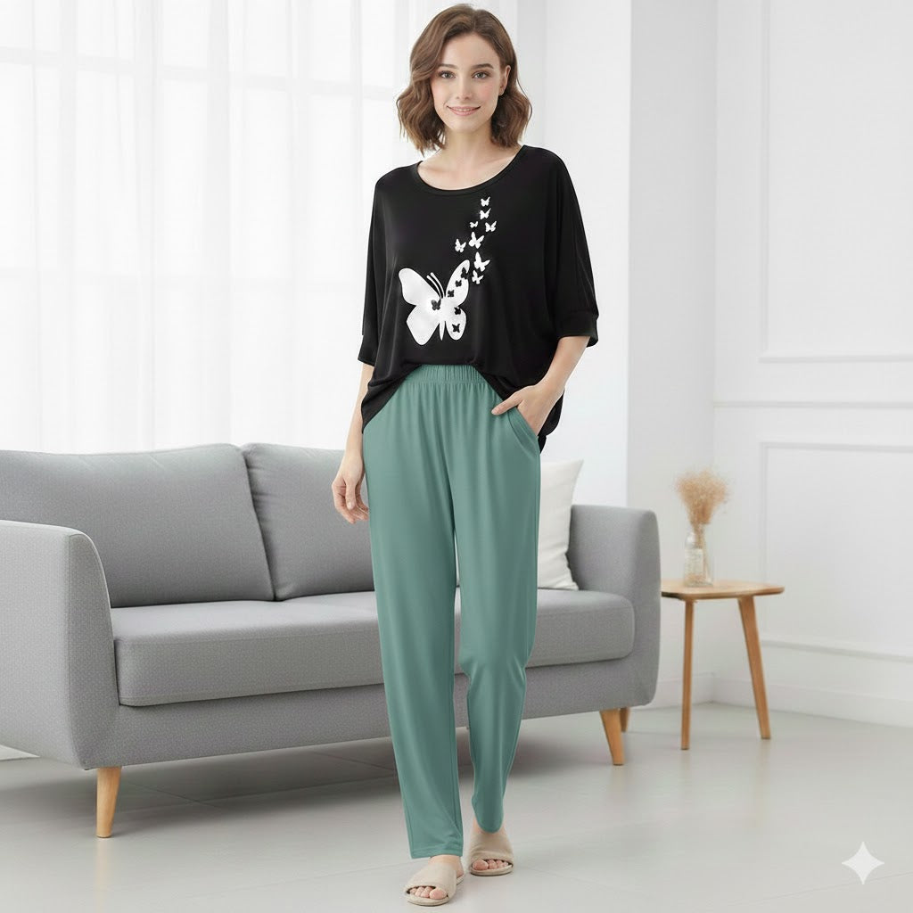 (Butterfly) New Rayon Viscose Jersey 2 Pieces V-Neck Designed Night Suit Pajama Shirt Palazzo Sleeping Suit Loungewear Daily Use