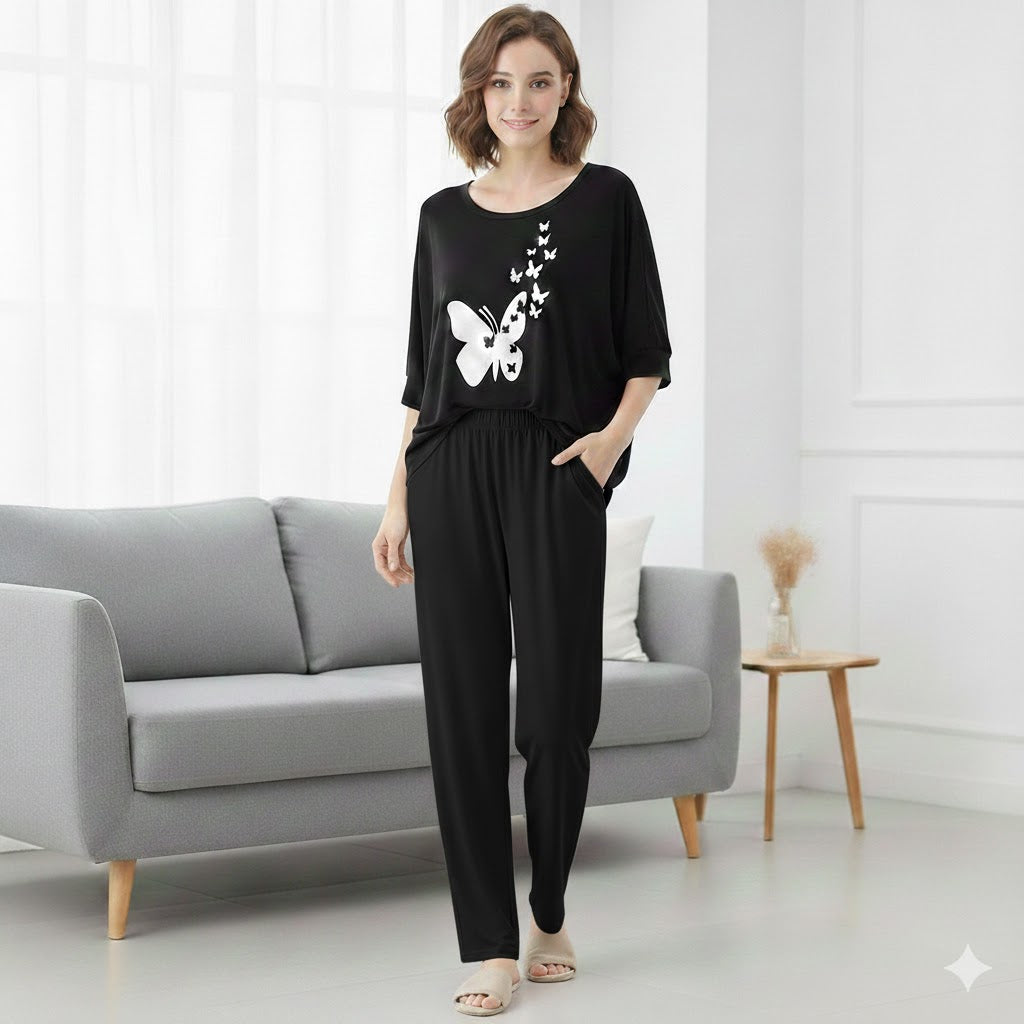 (Butterfly) New Rayon Viscose Jersey 2 Pieces V-Neck Designed Night Suit Pajama Shirt Palazzo Sleeping Suit Loungewear Daily Use