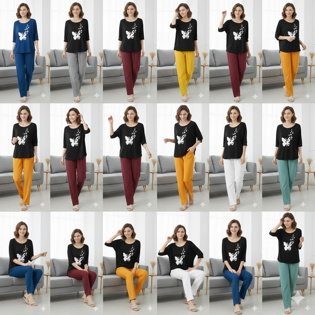 (Butterfly) New Rayon Viscose Jersey 2 Pieces V-Neck Designed Night Suit Pajama Shirt Palazzo Sleeping Suit Loungewear Daily Use